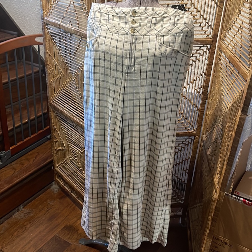 Anthropologie Cream Windowpane Plaid Wide Leg Linen Blend Pants High Rise size:6